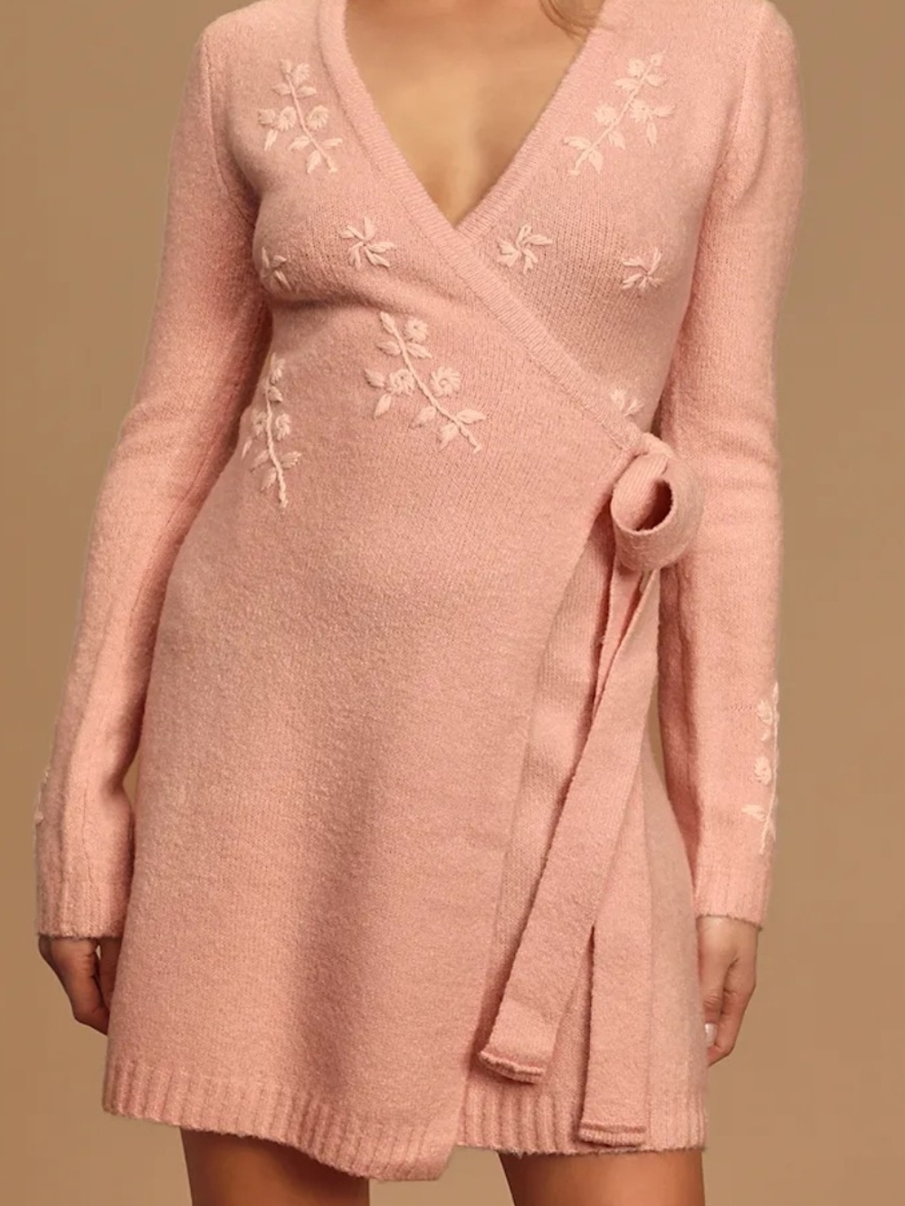 Lulus Blush Pink Embroidered Wrap Sweater Dress Womens Floral Coquette Cozy L